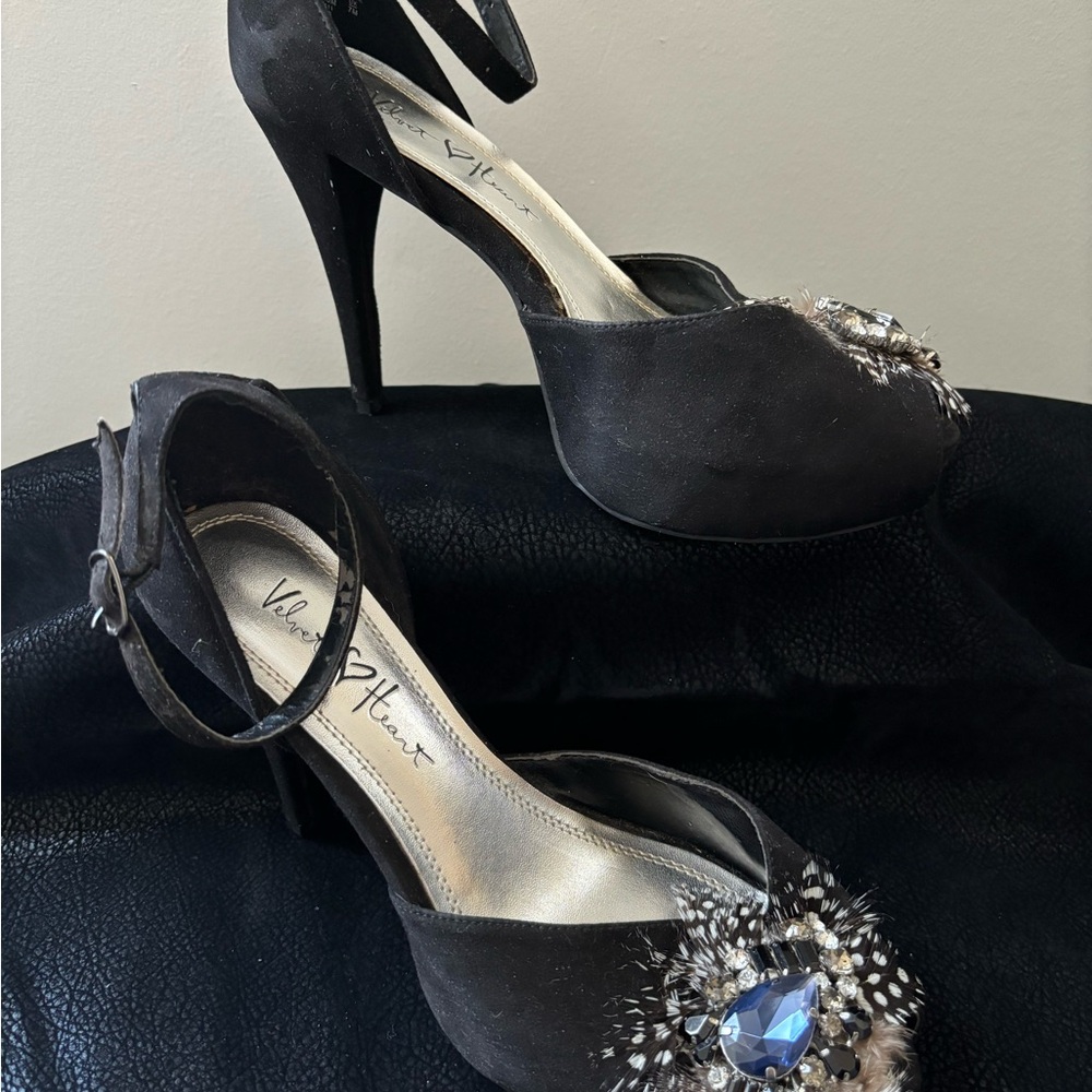 Velvet Heart Black Heels with Blue and Silver Embellishments